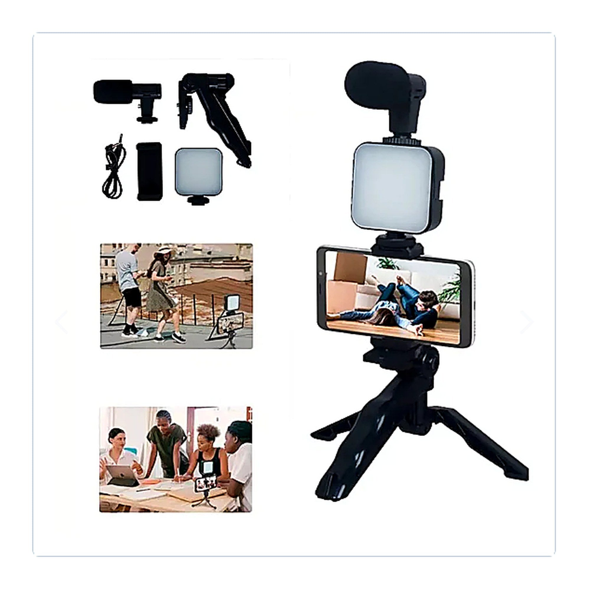 Kit de Grabación: Trípode + Luz LED + Micrófono — kit completo