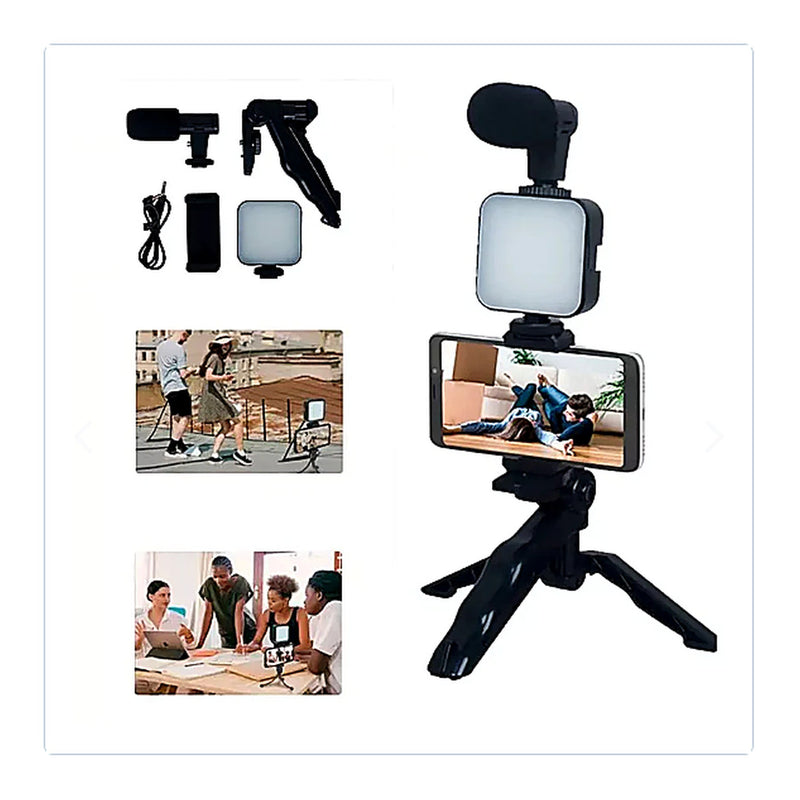 Kit de Grabación: Trípode + Luz LED + Micrófono — kit completo