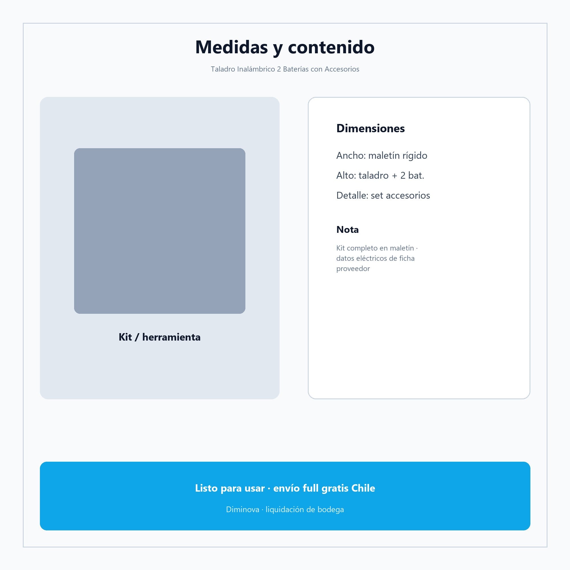 Taladro Inalámbrico 2 Baterías con Accesorios — medidas y contenido