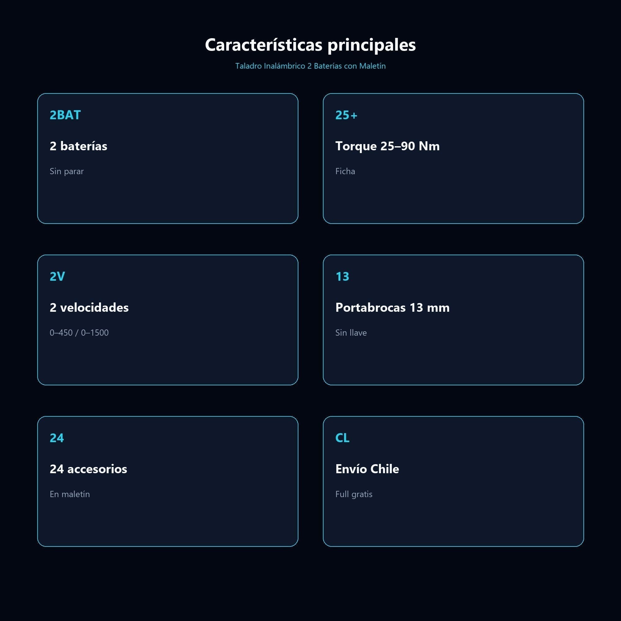 Taladro Inalámbrico 2 Baterías con Maletín — características